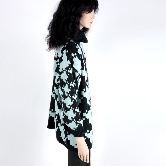 OS Vintage 90s Stefano Teal Black Oversize Houndstooth Sweater New Wave 80s - Picture 4 of 9